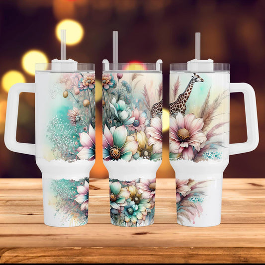 three travel mugs with a giraffe and flowers on them