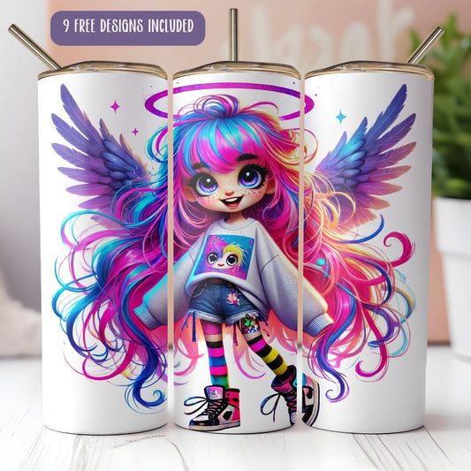 a set of three mugs with a picture of a girl on them