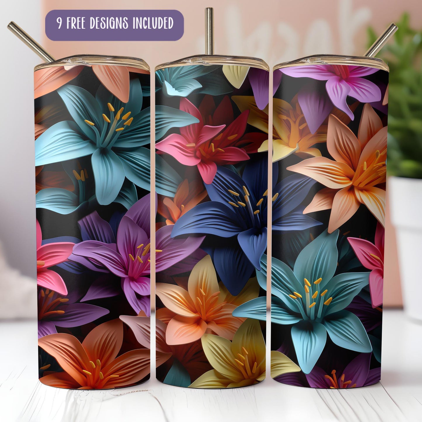 a set of three colorful flowers on a black background