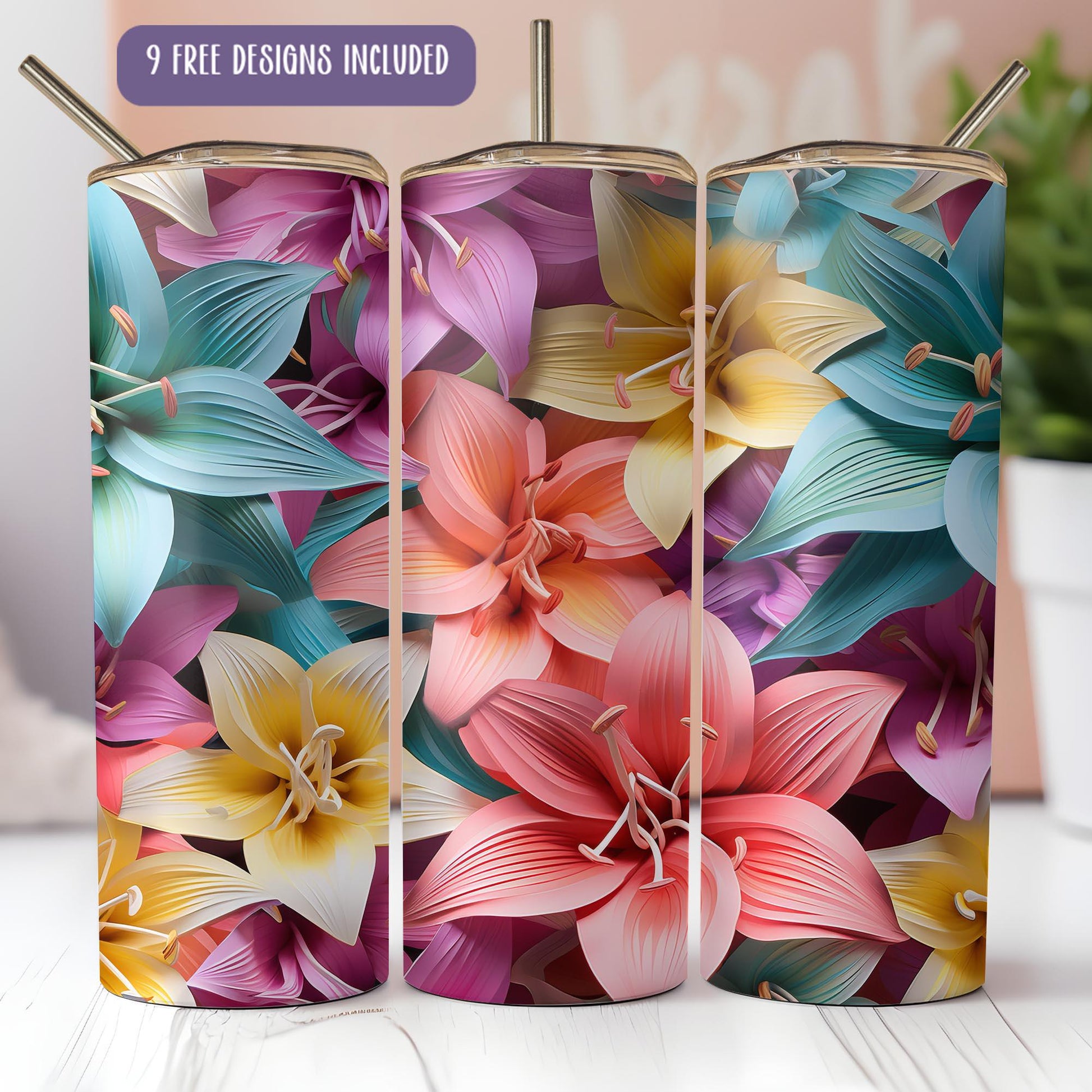 a set of three colorful flower vases sitting on top of a table