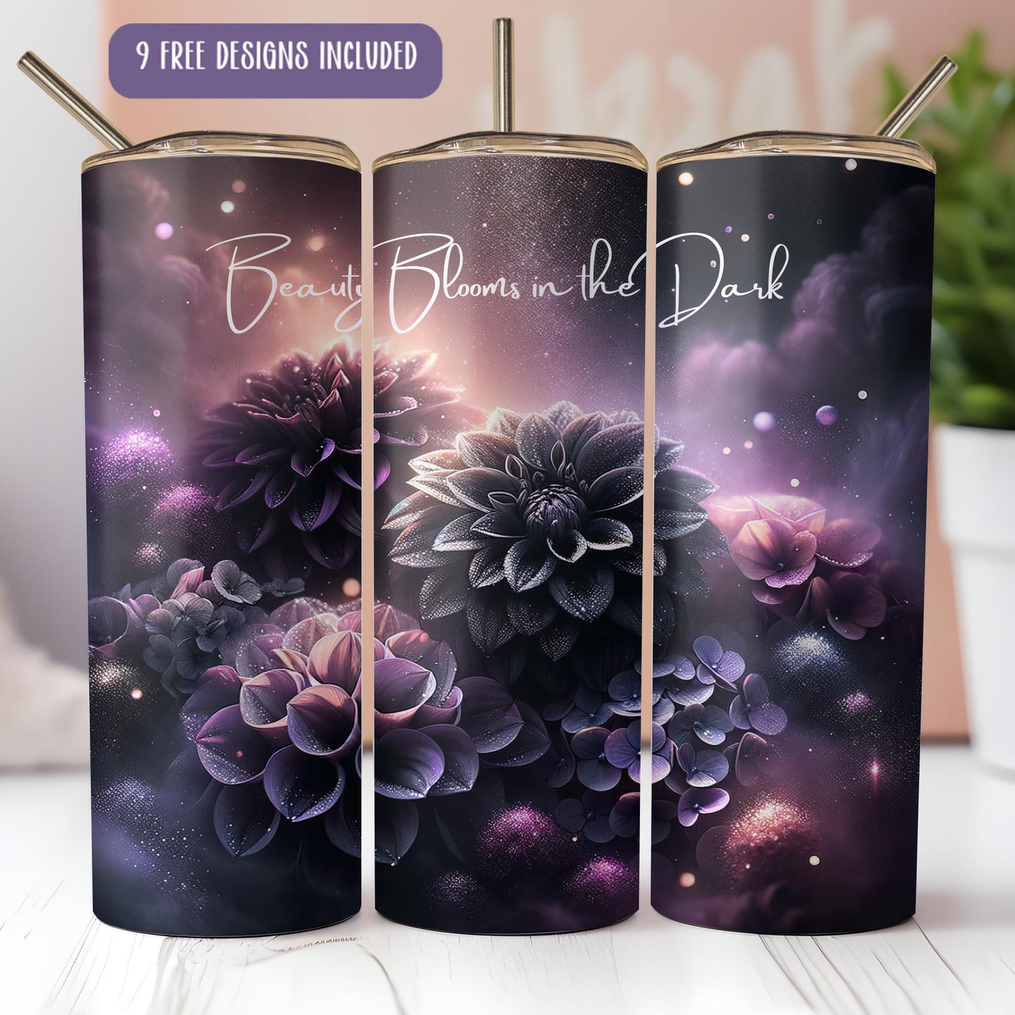 a set of three travel mugs with flowers on them