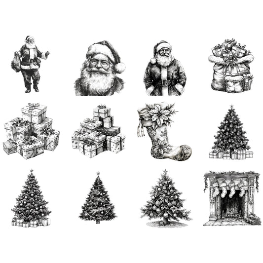 Watercolor Black and White Christmas Clipart