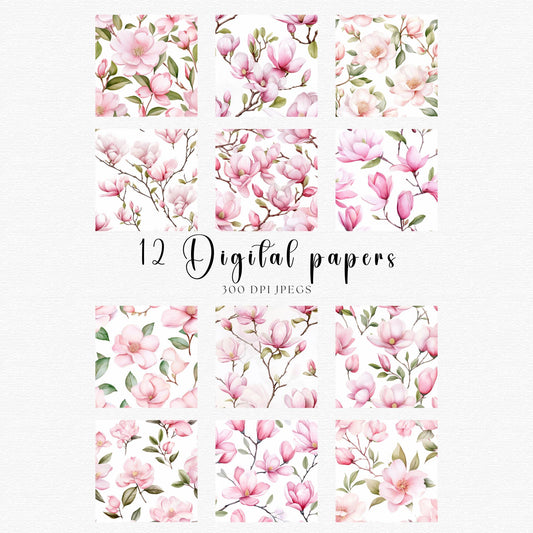 Pink Magnolia Seamless Pattern Digital Paper