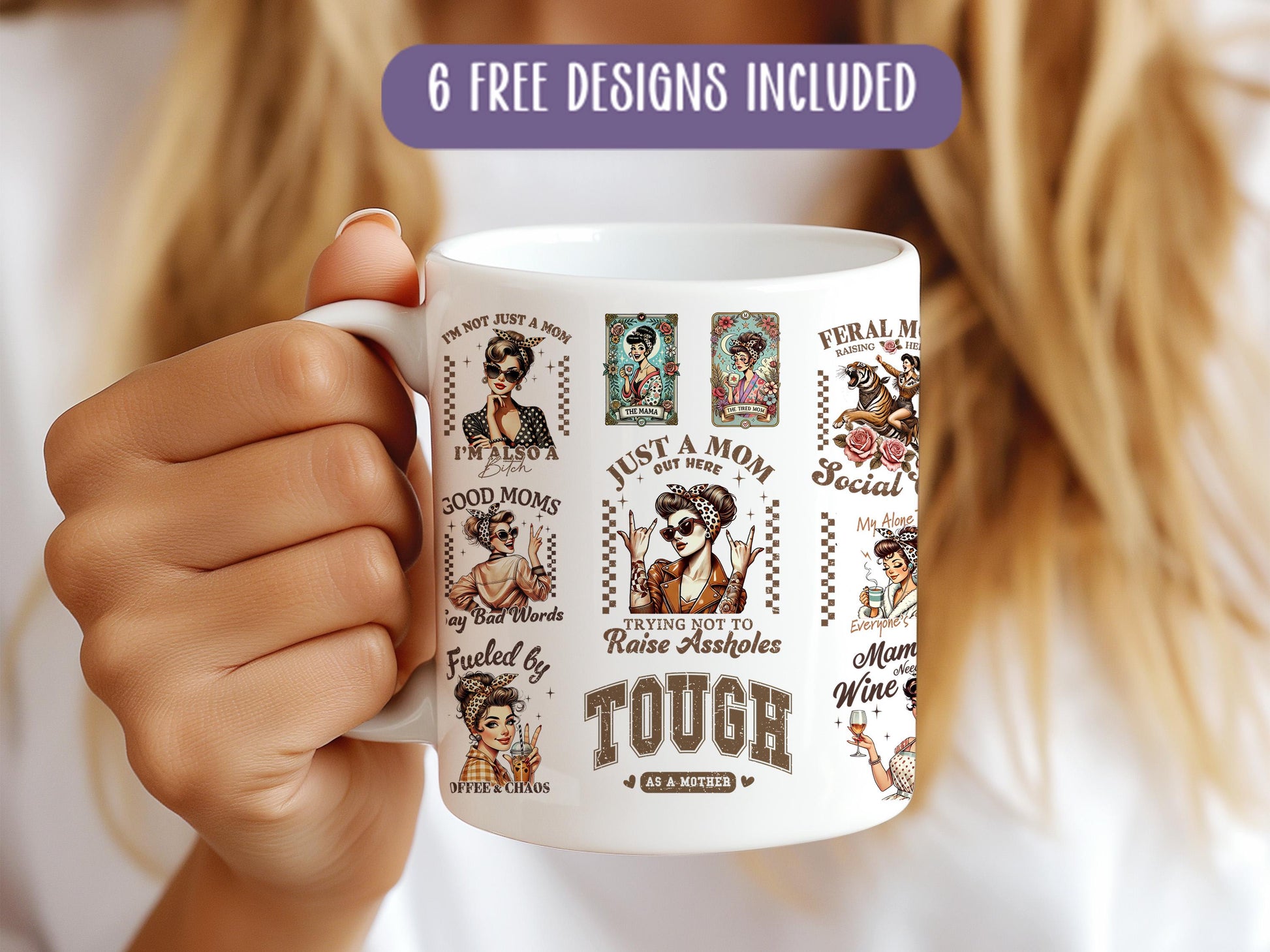 a woman holding a coffee mug with a lot of stickers on it