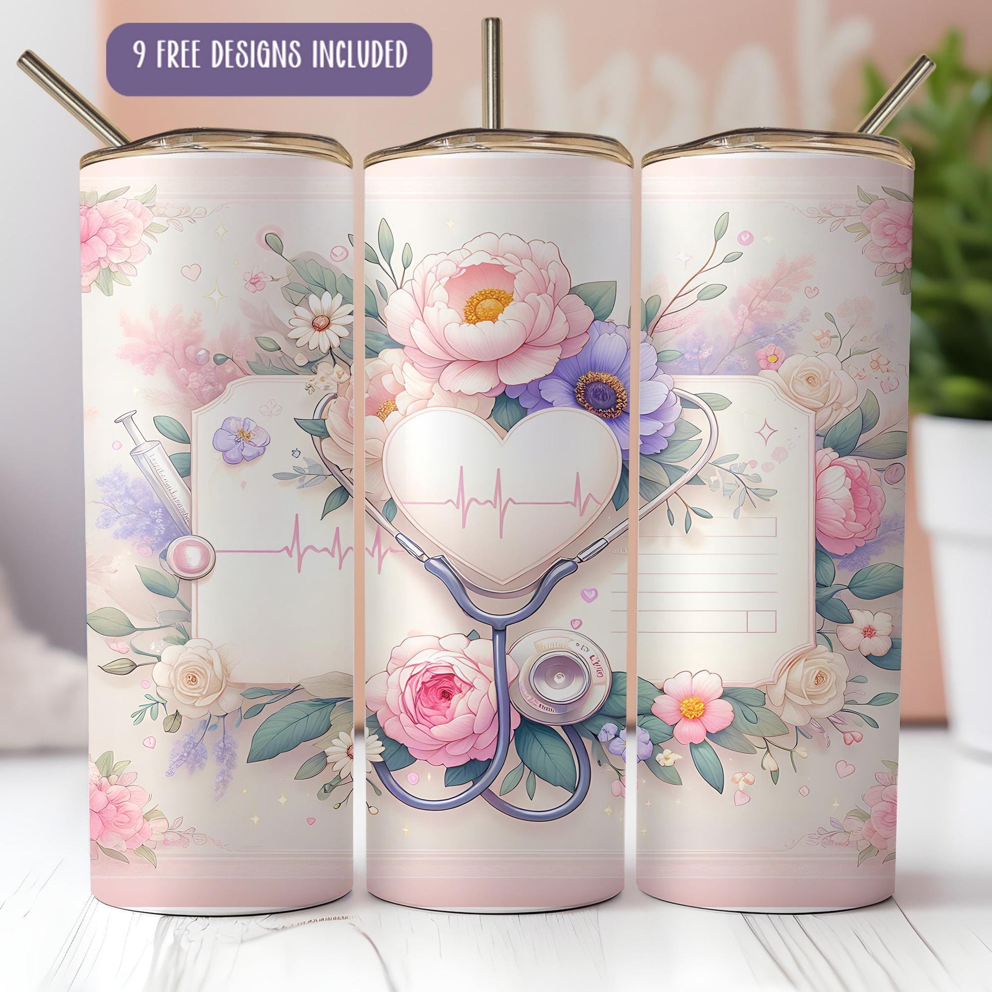 a set of three medical flasks with a stethoscope and flowers