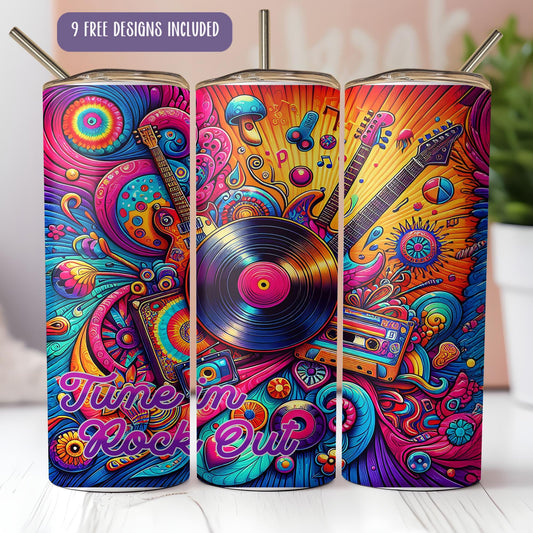 a set of three colorful can coolers with a music theme