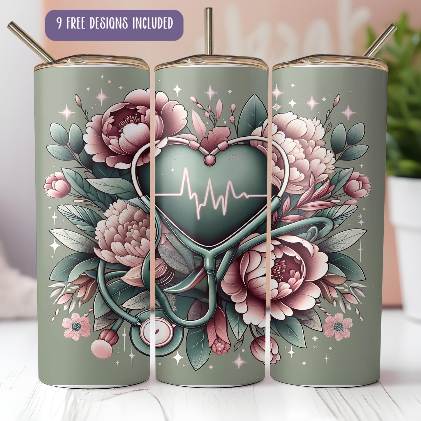 a set of three medical mugs with flowers and a stethoscope