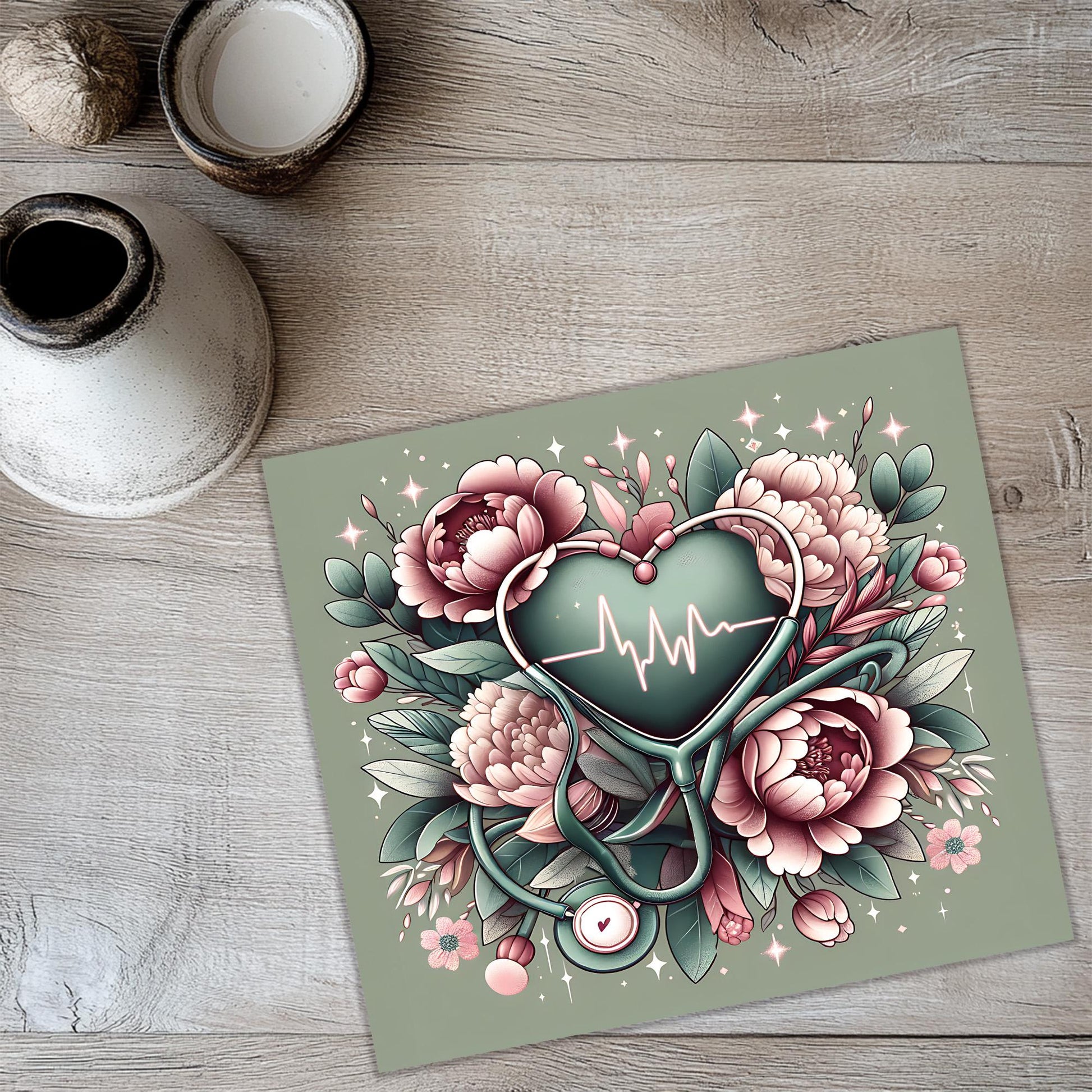 a card with flowers and a stethoscope on it