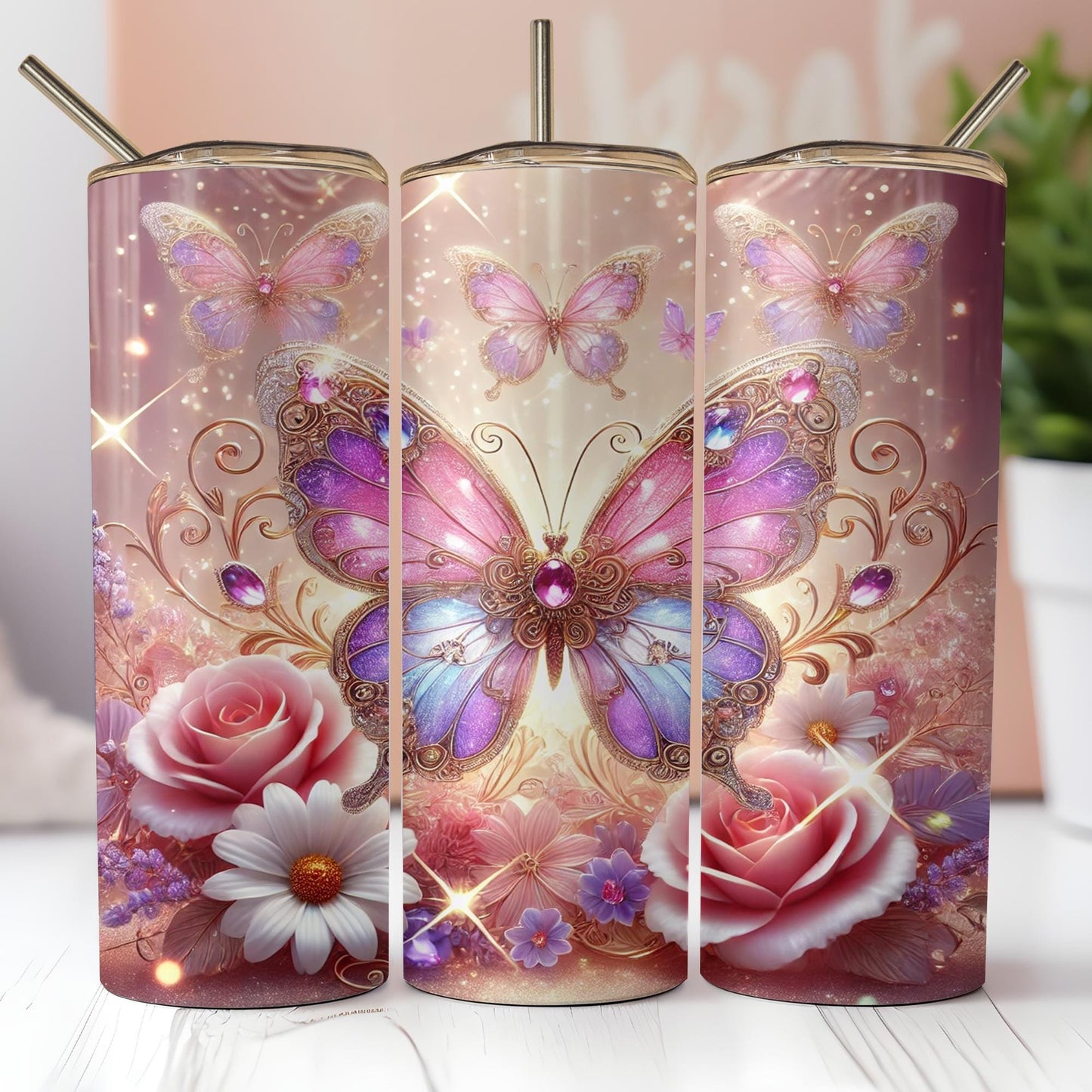 a set of three pink and purple vases with butterflies and flowers on them