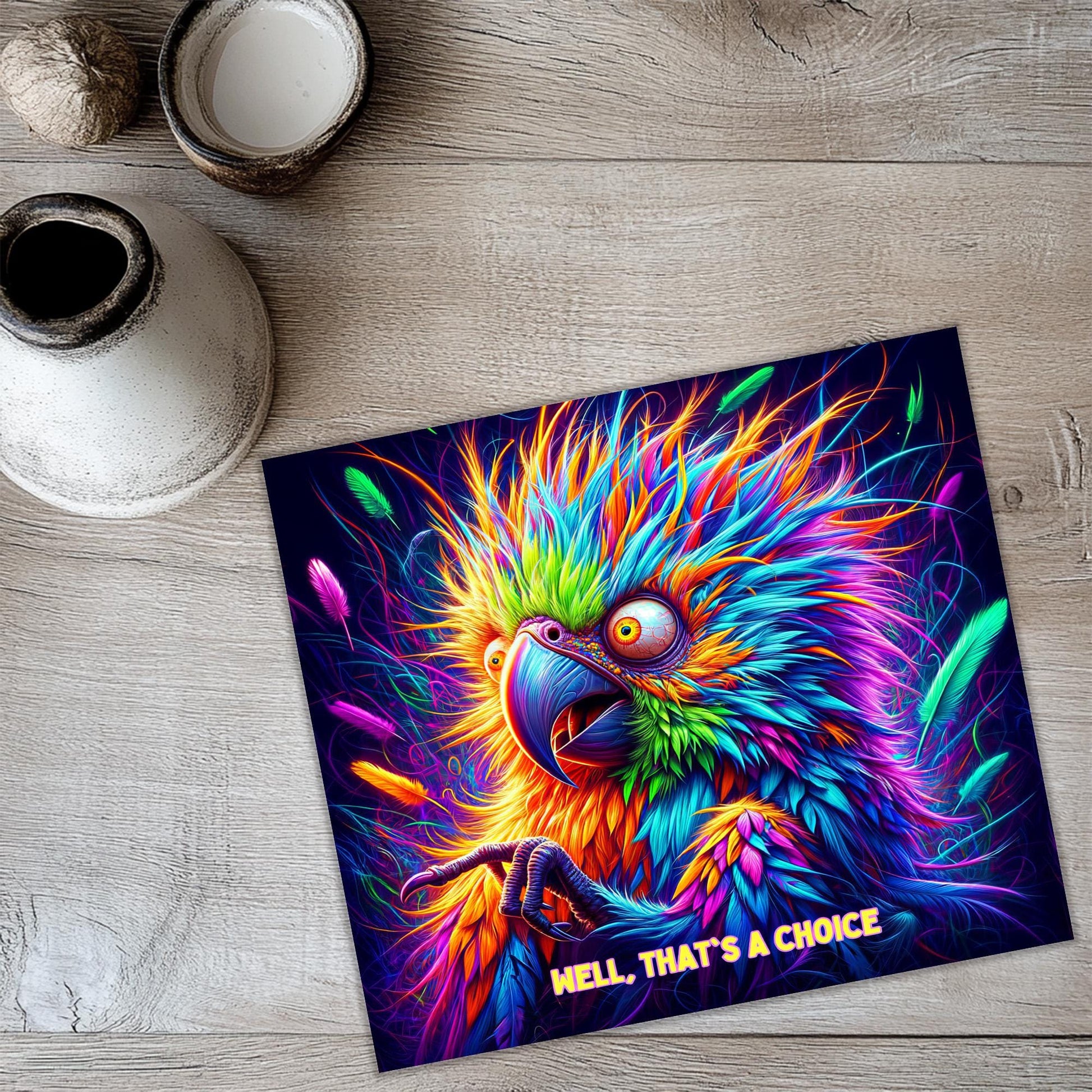 a painting of a colorful parrot on a wooden floor
