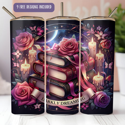 a set of three books with candles and roses on them
