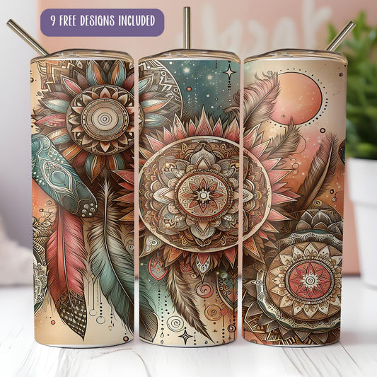 a set of three tumbles with colorful designs on them