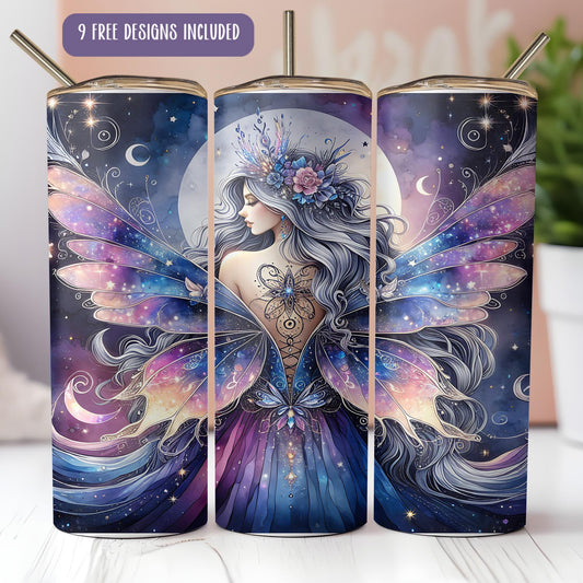 a set of three travel mugs with a picture of a fairy on them