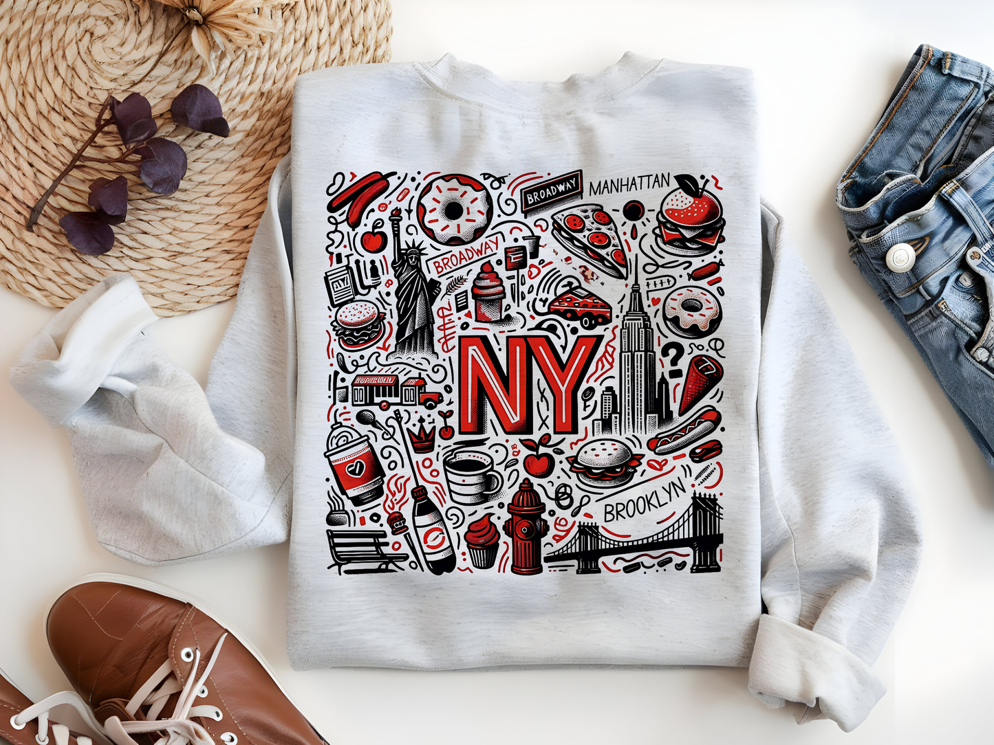a white sweatshirt with a graphic design of various New York City landmarks and symbols, including the Statue of Liberty, the Empire State Building, and the Brooklyn Bridge, along with the text "BROOKLYN" and "MANHATTAN".