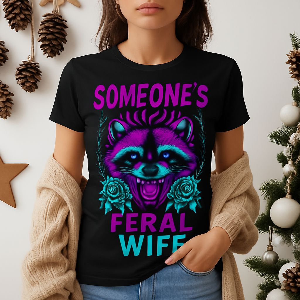 a woman wearing a t - shirt with a raccoon on it