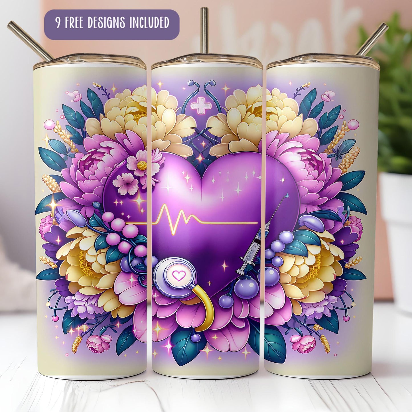 a purple heart surrounded by flowers and a stethoscope