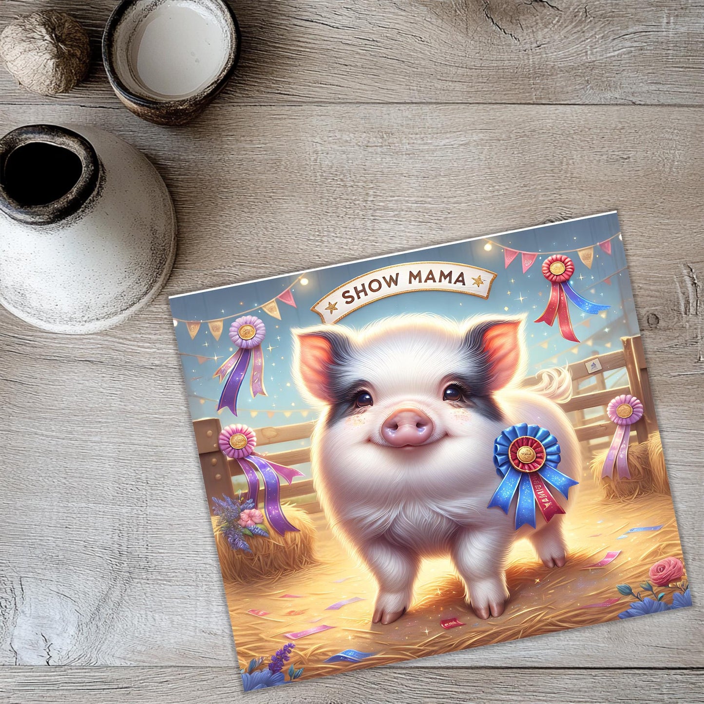 a card with a picture of a pig on it