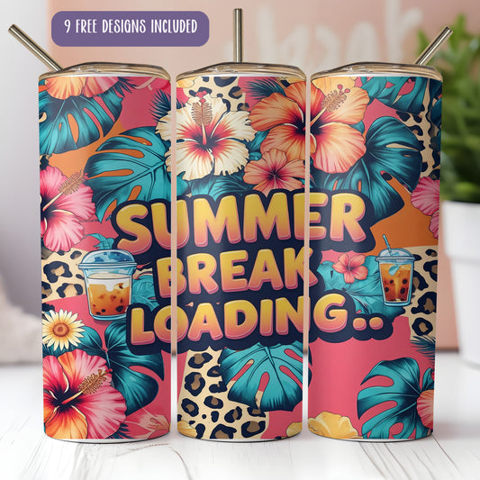 a set of three colorful tumblers with the words summer break loading on them