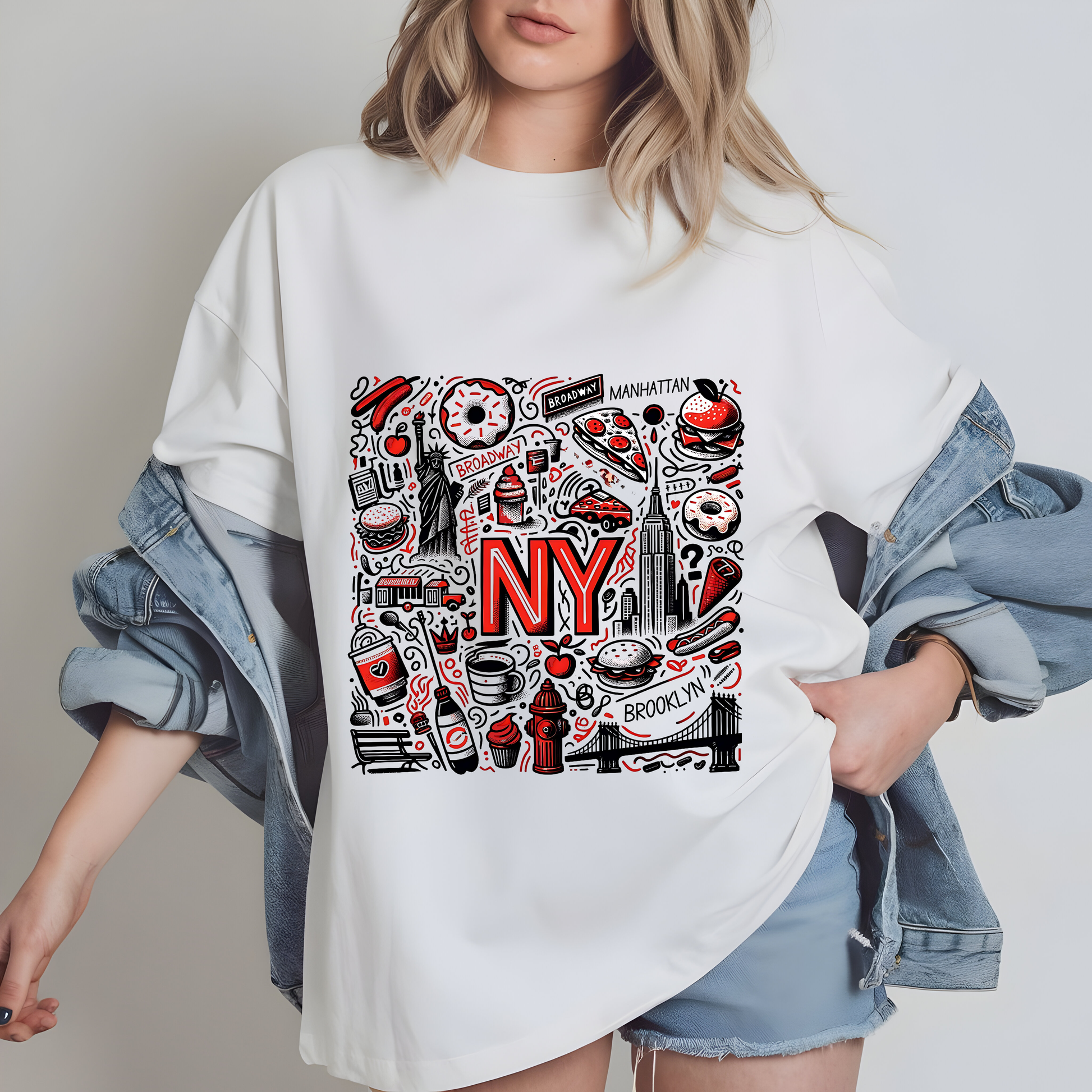 A woman wearing a white t-shirt with a graphic design featuring various New York-related icons and text, including the word "NY" prominently displayed.