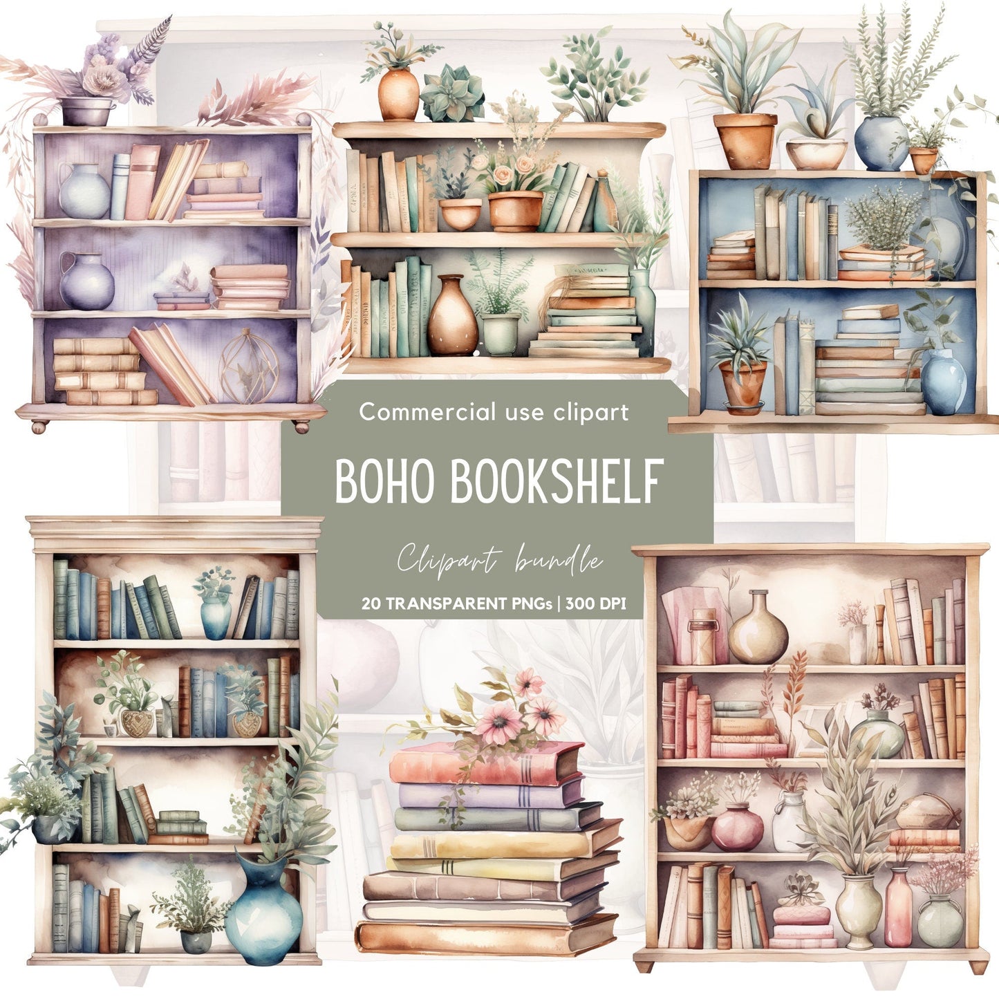 Watercolor Boho Bookshelf Clipart