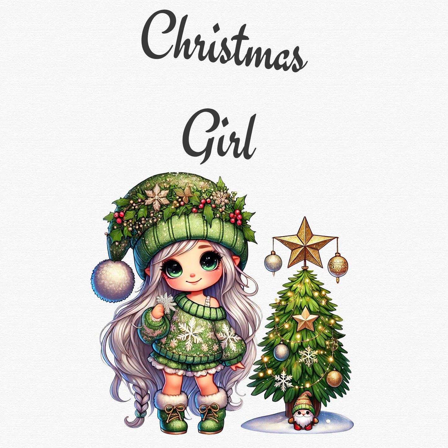 Watercolor Christmas Gnome Girl Clipart Single