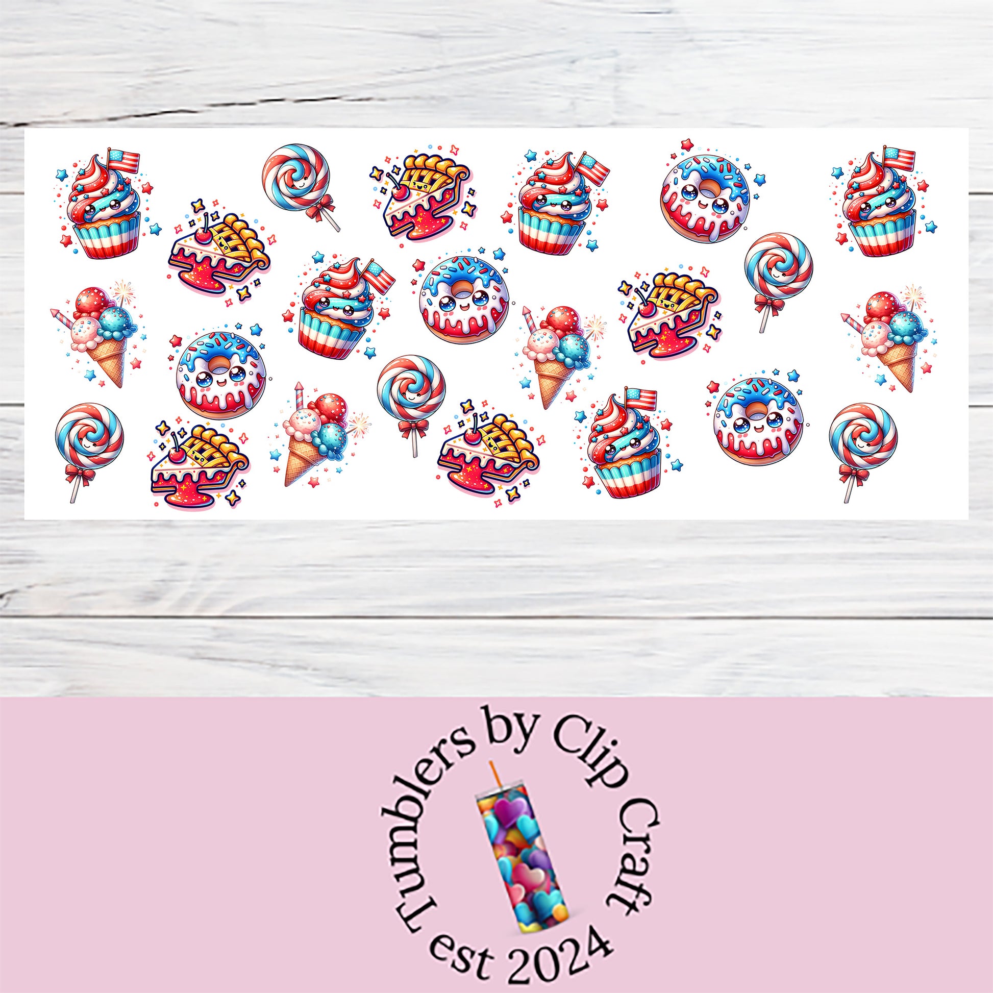 a sticker of cupcakes on a white wooden background