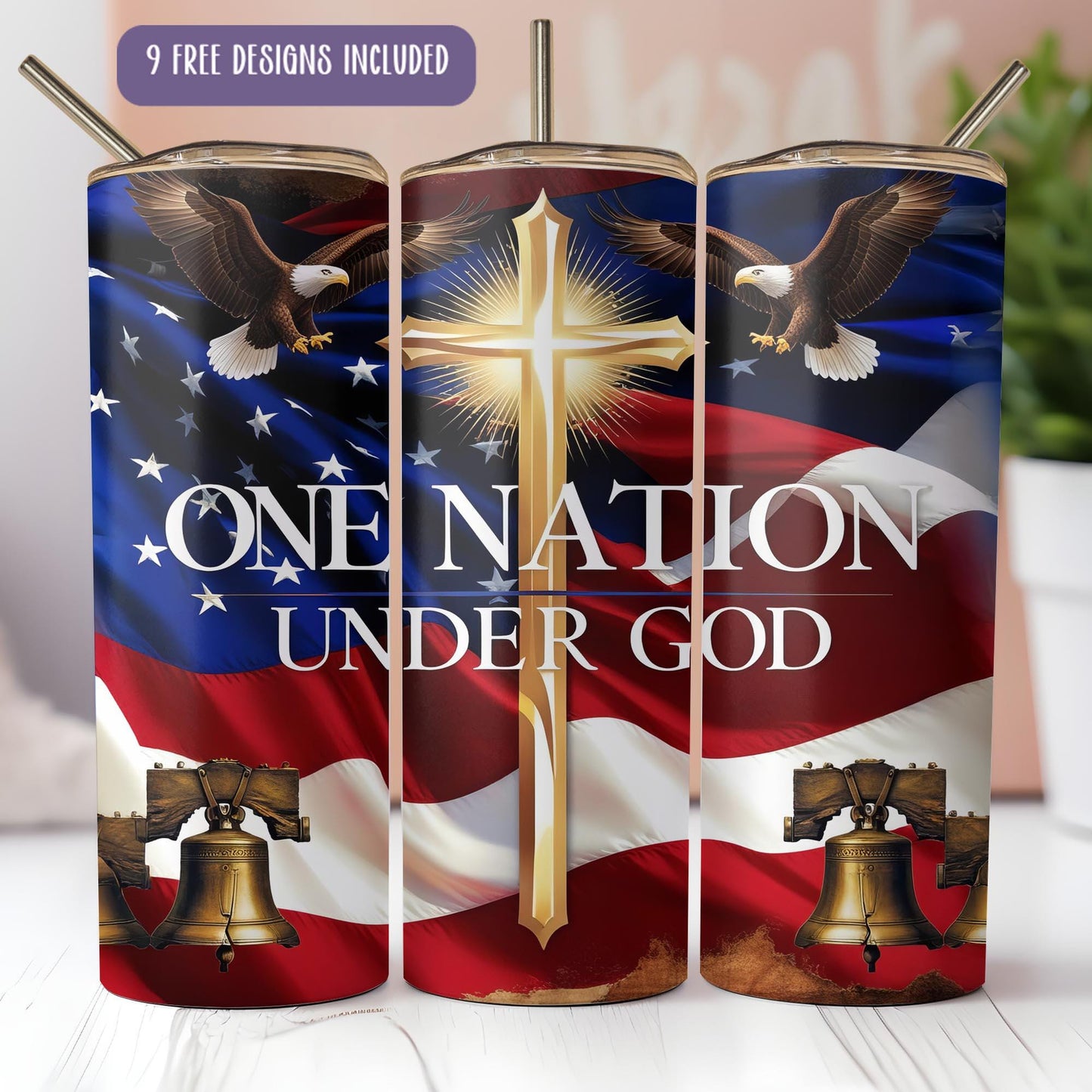 a can of beer with an american flag and a cross on it