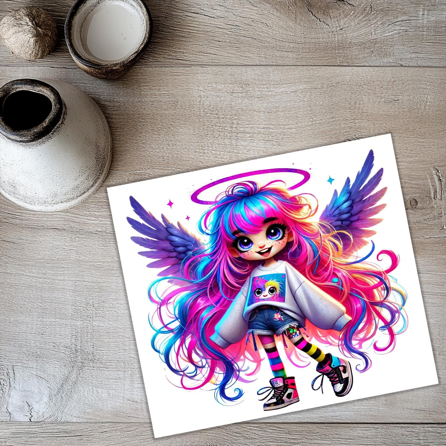 a picture of a girl with wings on a table