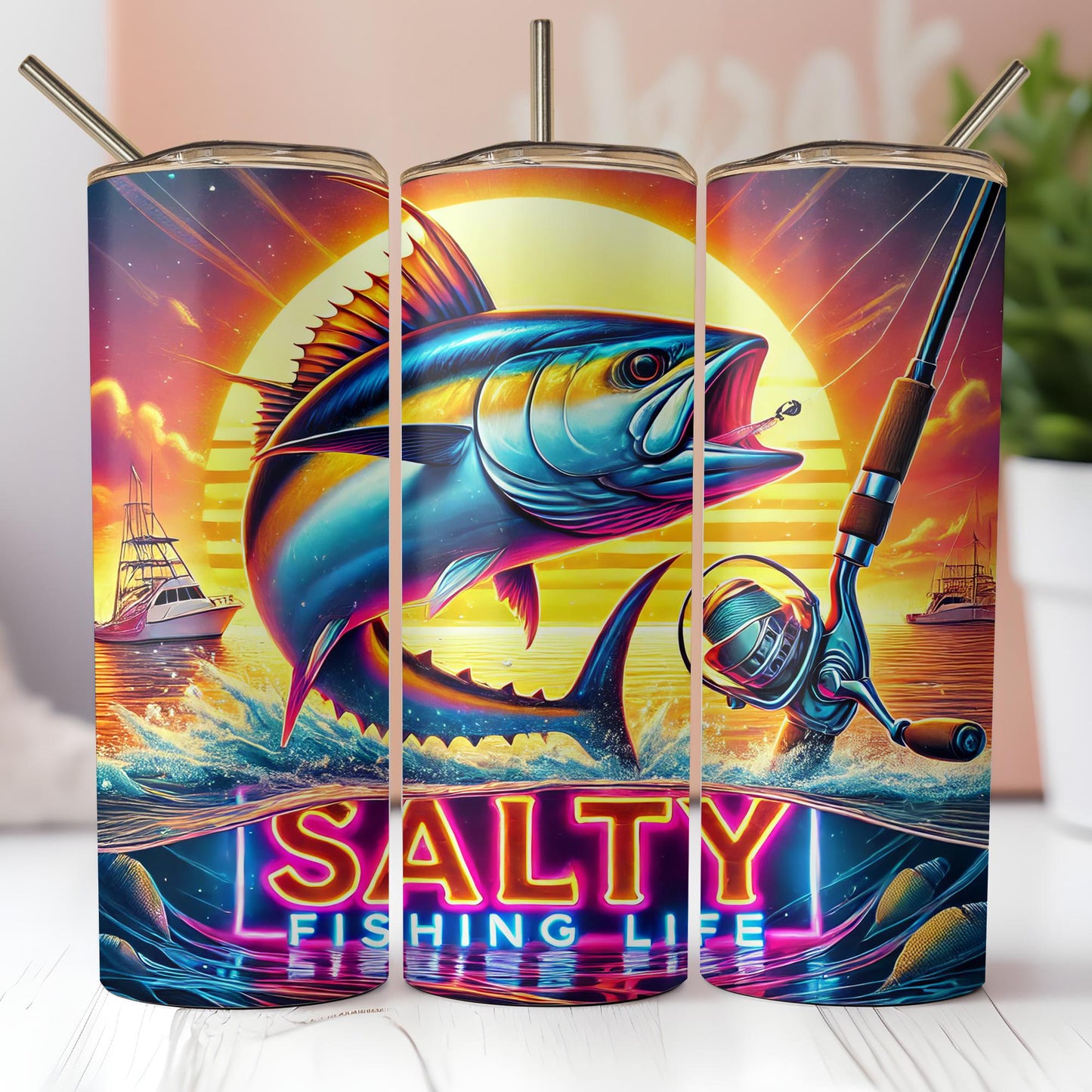 a set of three can coolers with a picture of a fish and a fishing