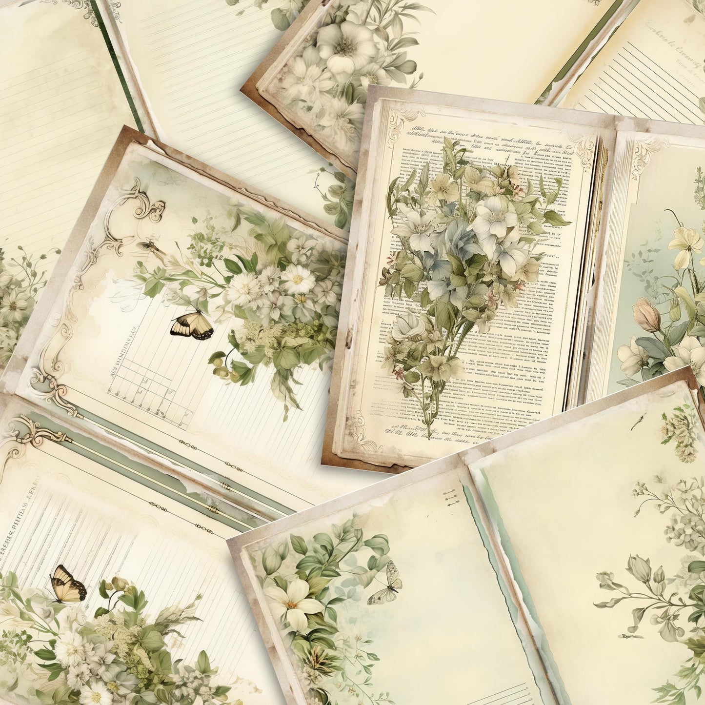 Páginas de diario basura con flores verde salvia