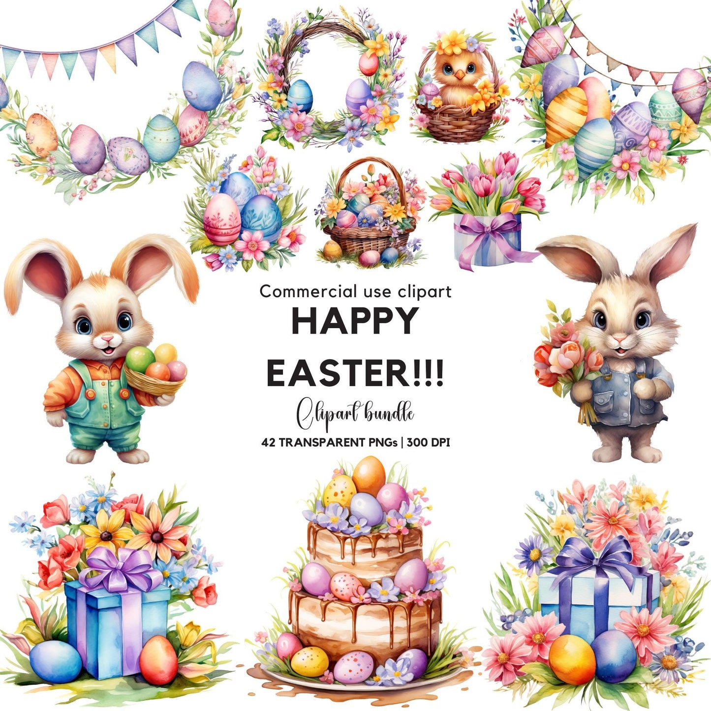 Clipart de Feliz Pascua en acuarela pastel