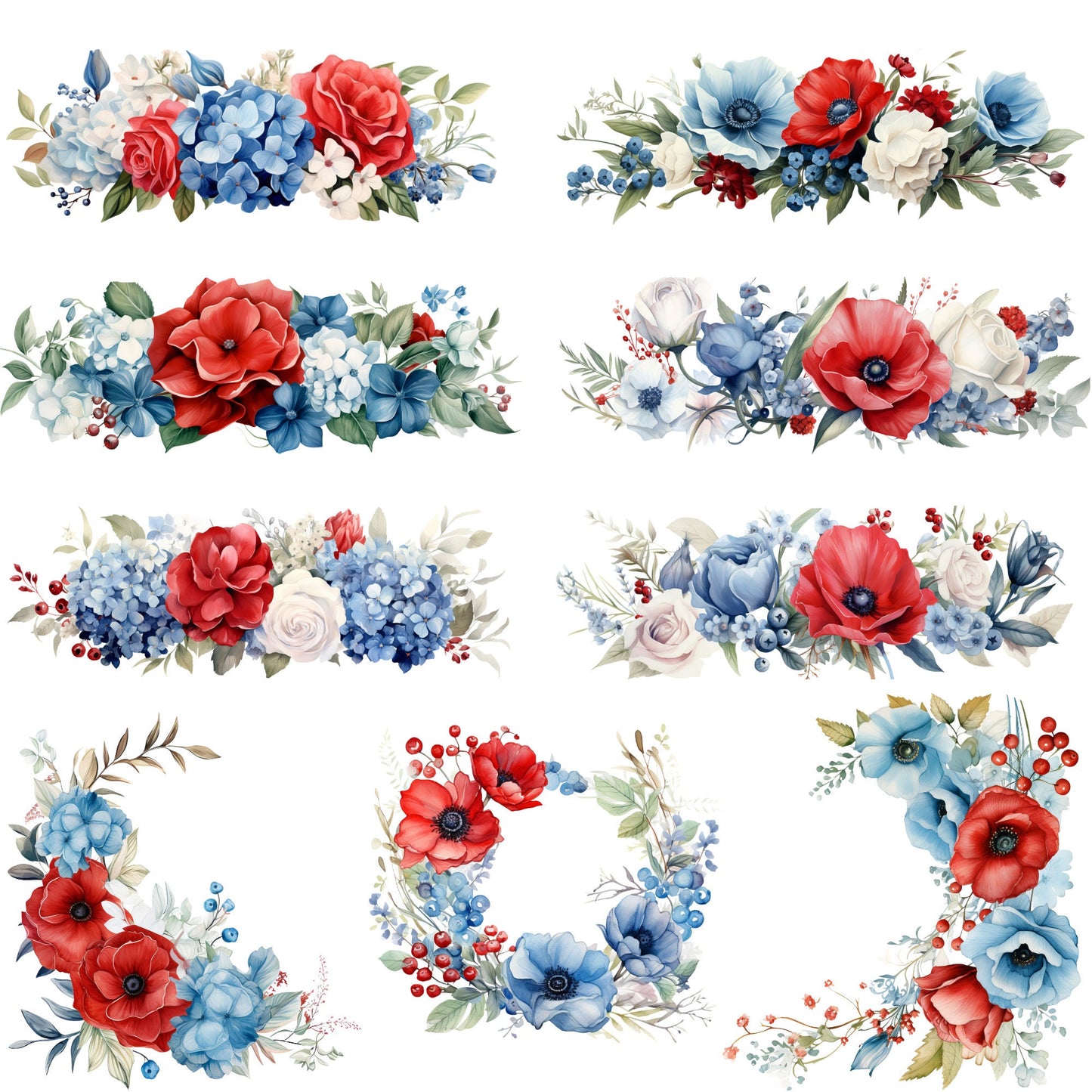 Clipart floral de acuarela del 4 de julio