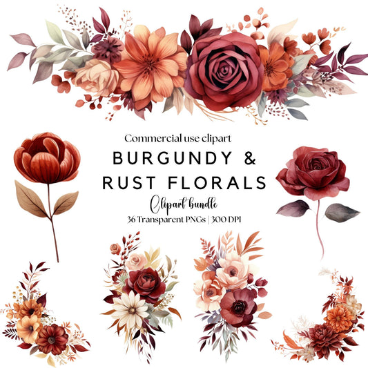 Clipart floral en tonos burdeos y óxido