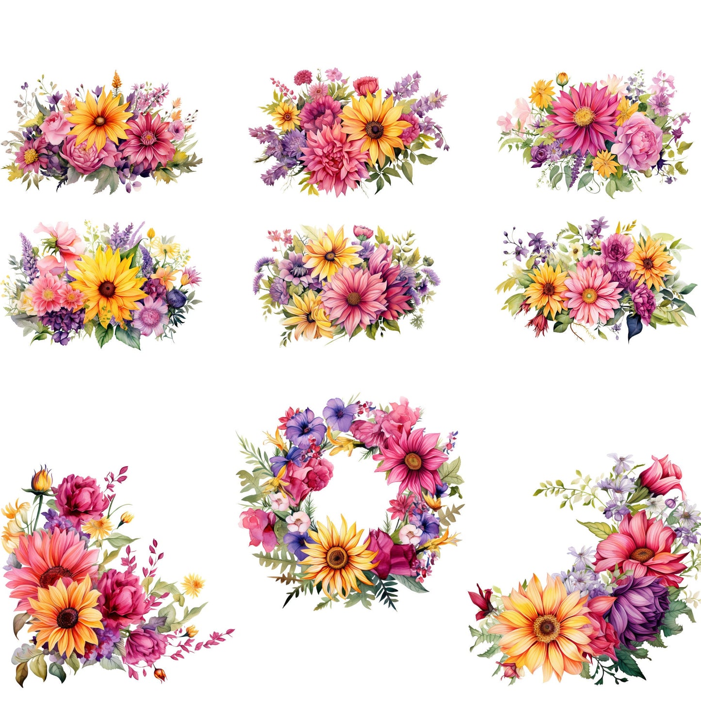 Clipart floral de verano en acuarela