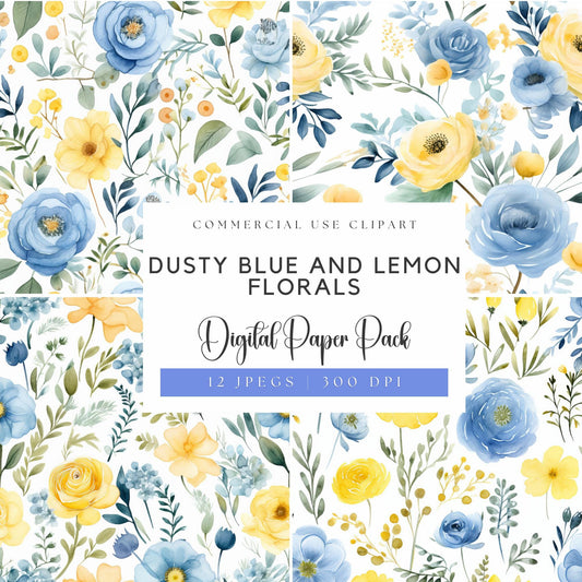 Dusty Blue Floral and Lemon Digital Papers