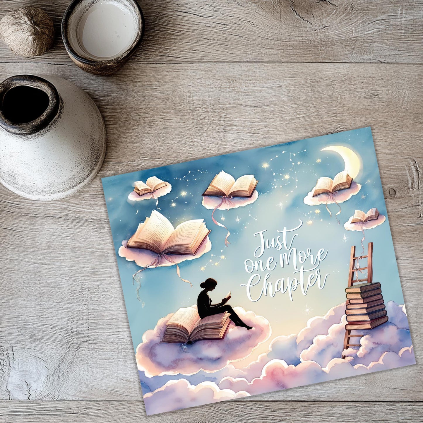 a picture of a person sitting on a cloud reading a book