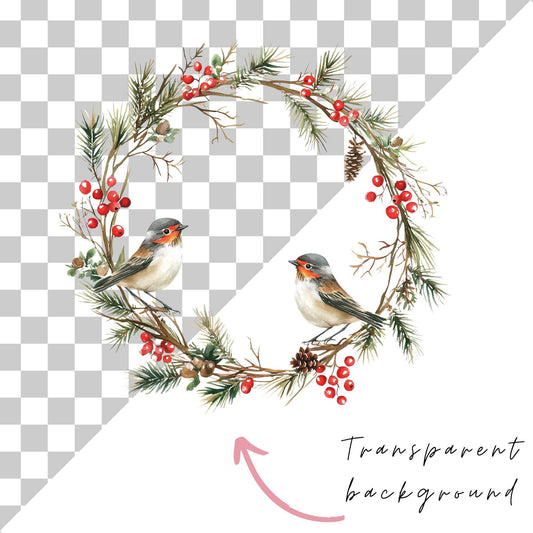 Winter Wreath with Birds Clipart Single