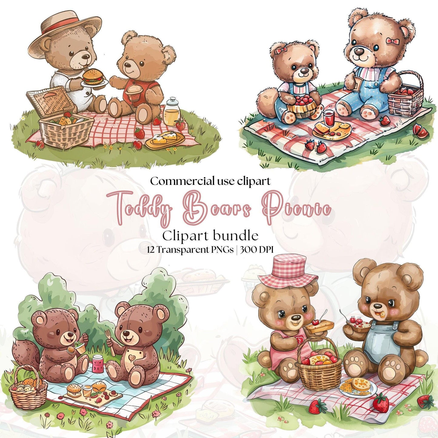 Watercolor Teddy Bears Picnic clipart