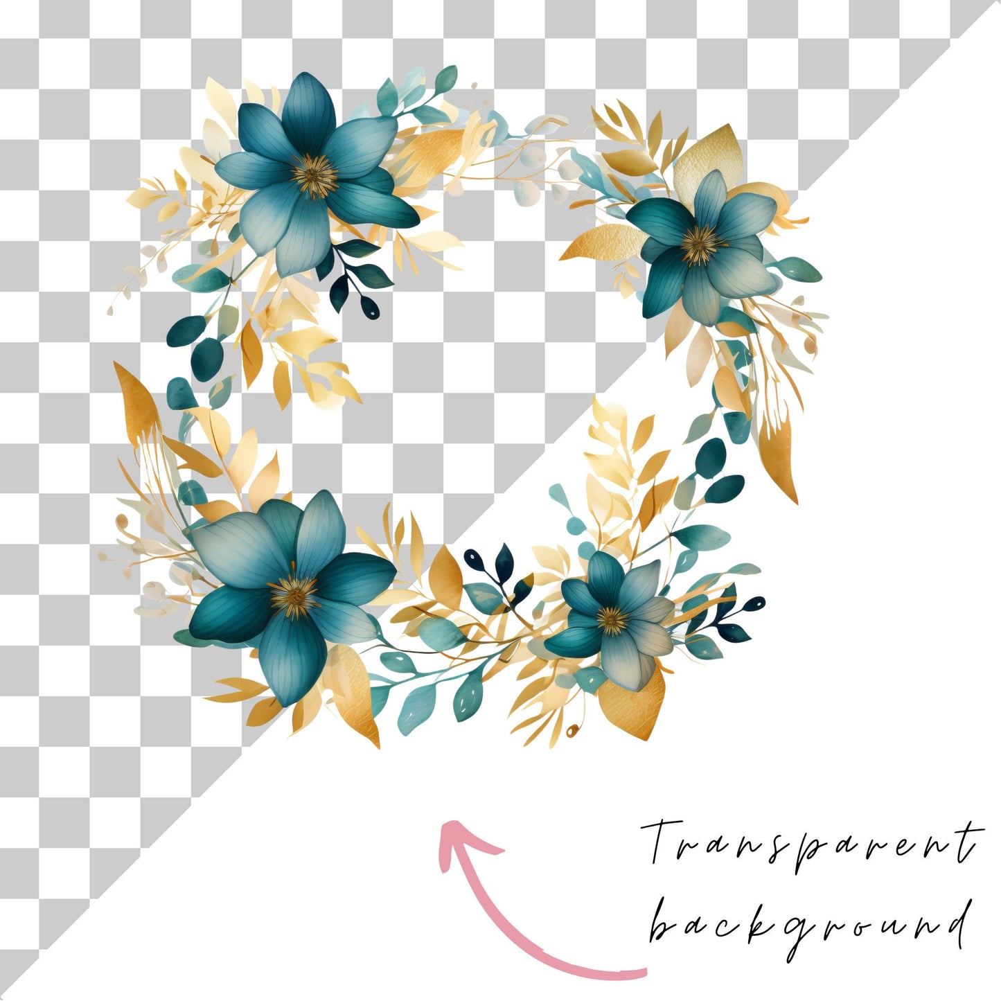 Watercolor Teal & Gold Floral Clipart