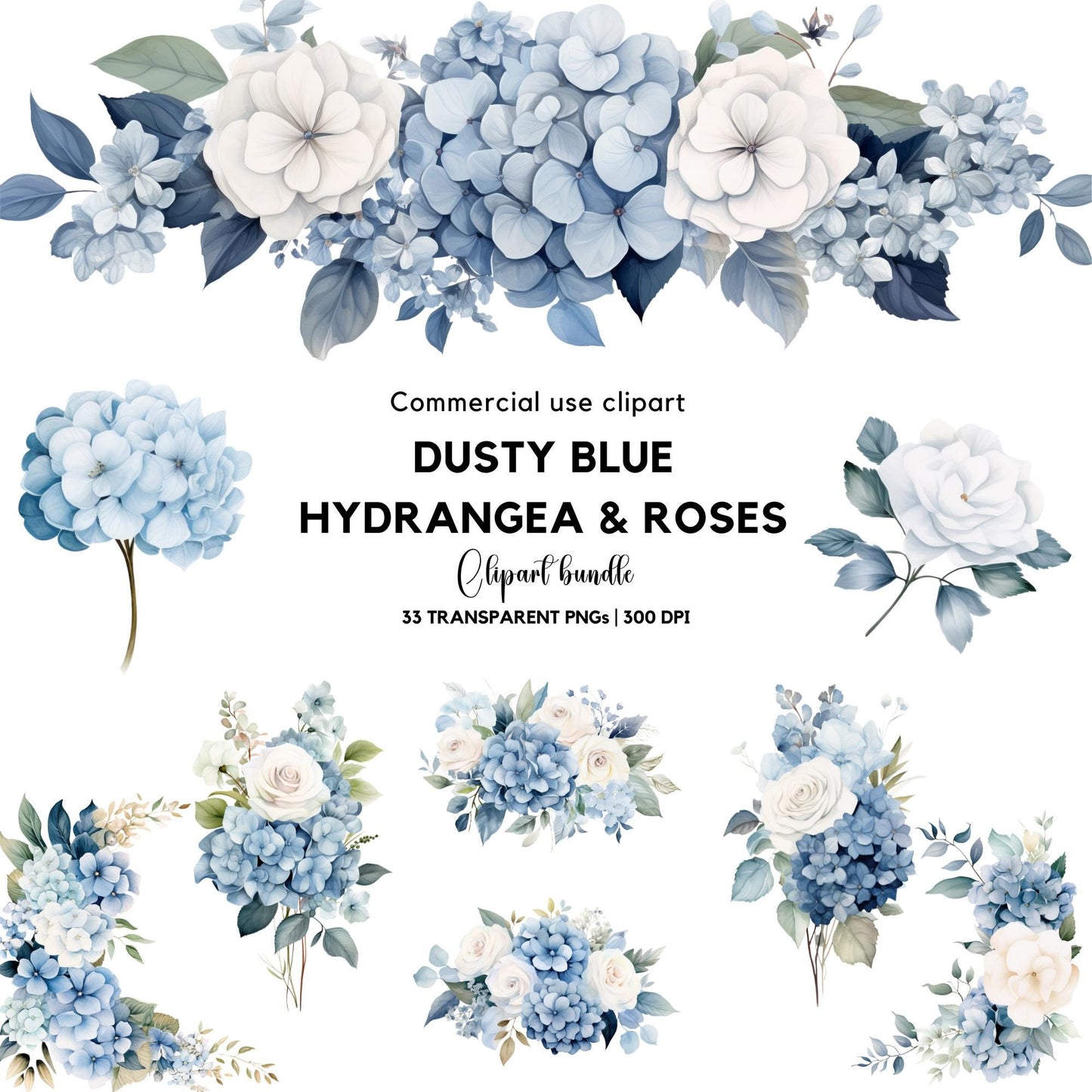 Watercolor Dusty Blue Hydrangea and Rose Floral Clipart