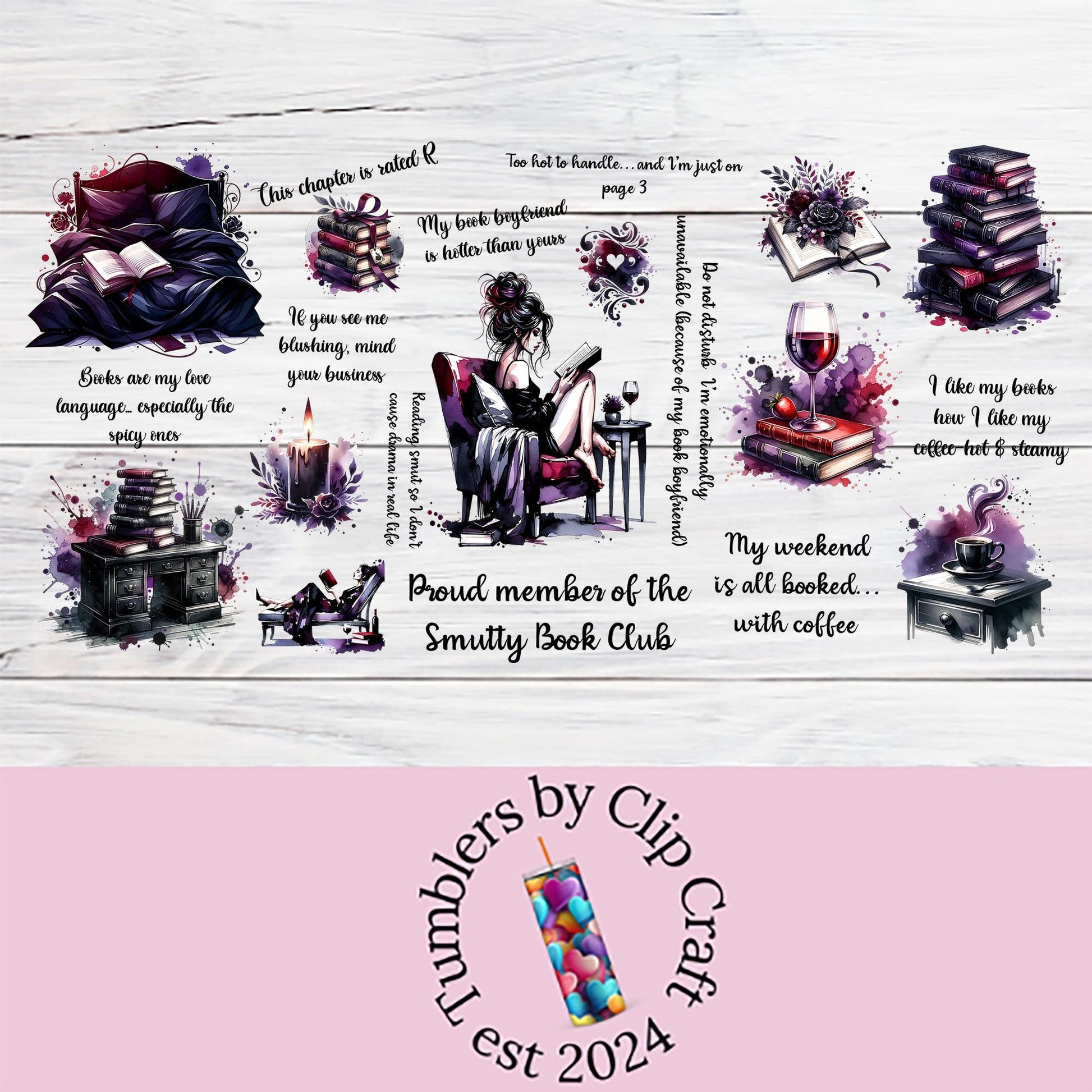 a picture of a woman sitting in a chair next to a pile of books