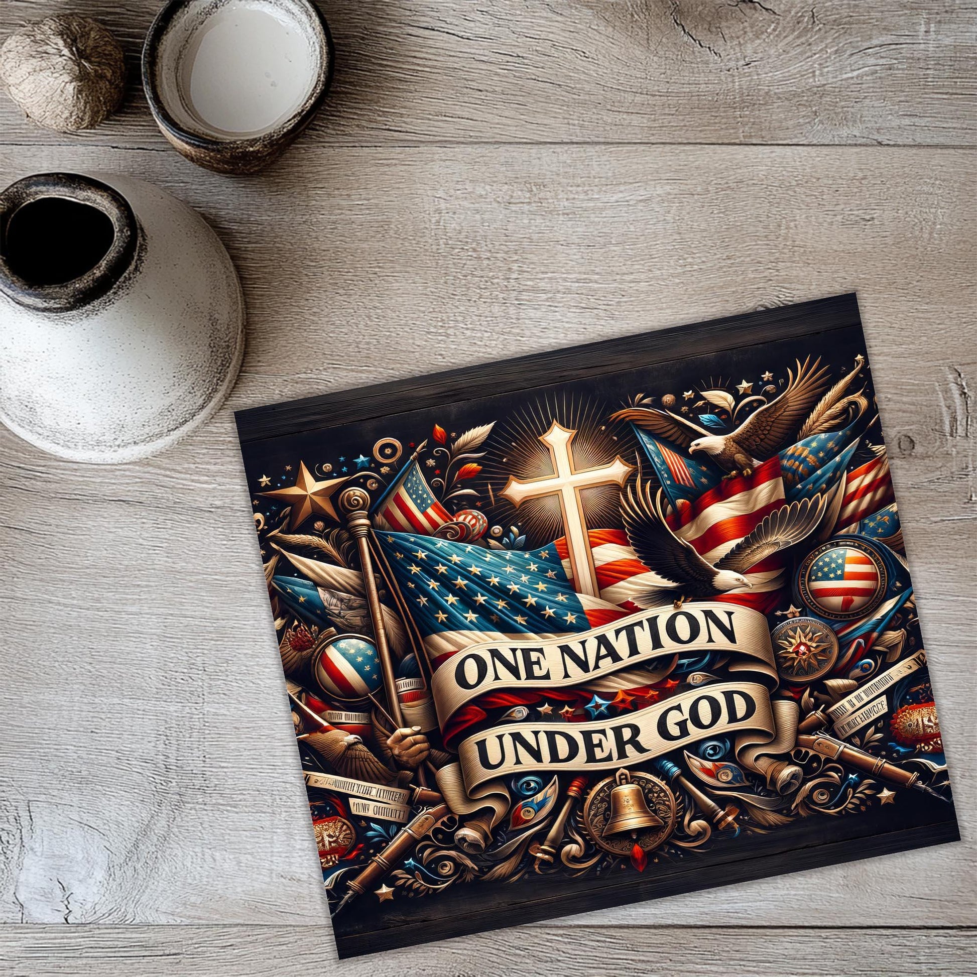 a card with a cross and a flag on it