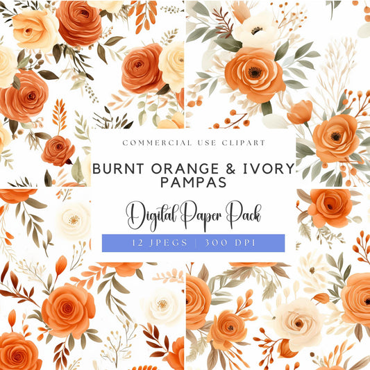 Burnt Orange and Ivory Floral Digital Papers