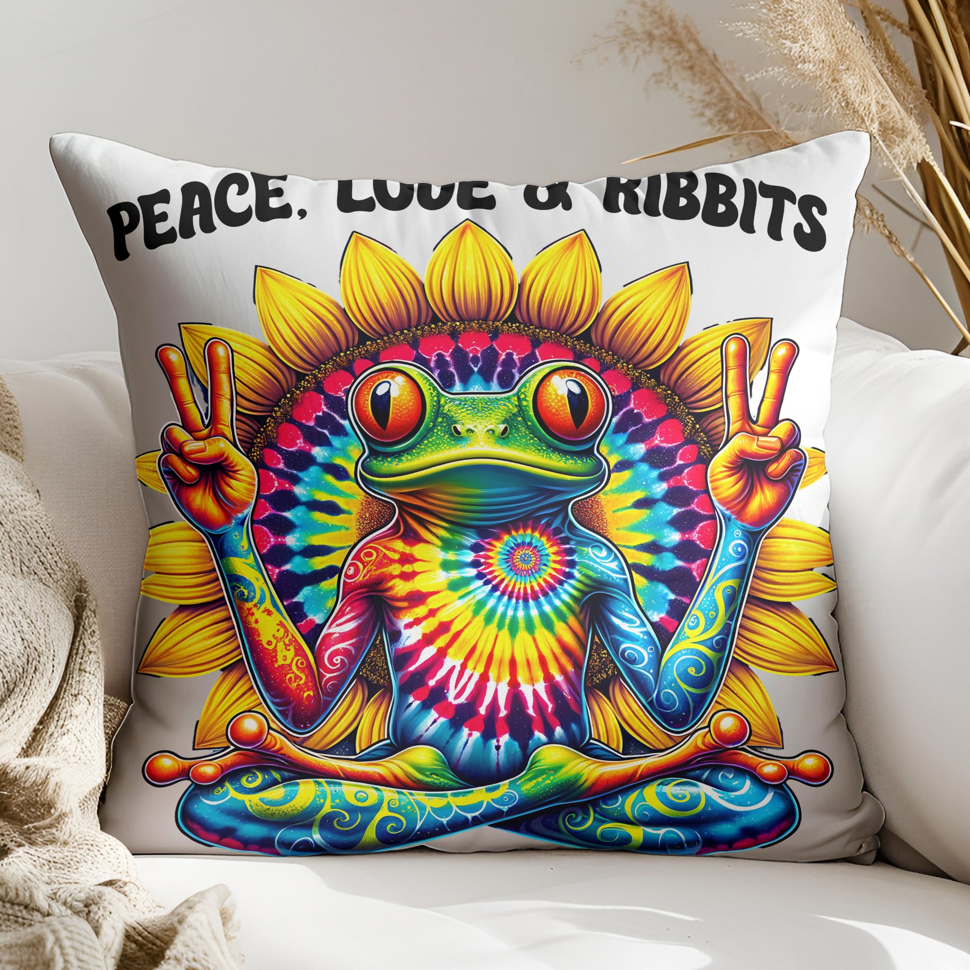 A colorful, tie-dye frog sitting in a meditative pose with peace signs, surrounded by a sunflower design.