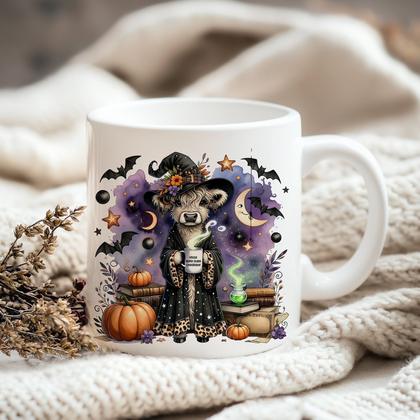 Witchy Mama Chaos Coordinator PNG – Funny Highland Cow Halloween Sublimation