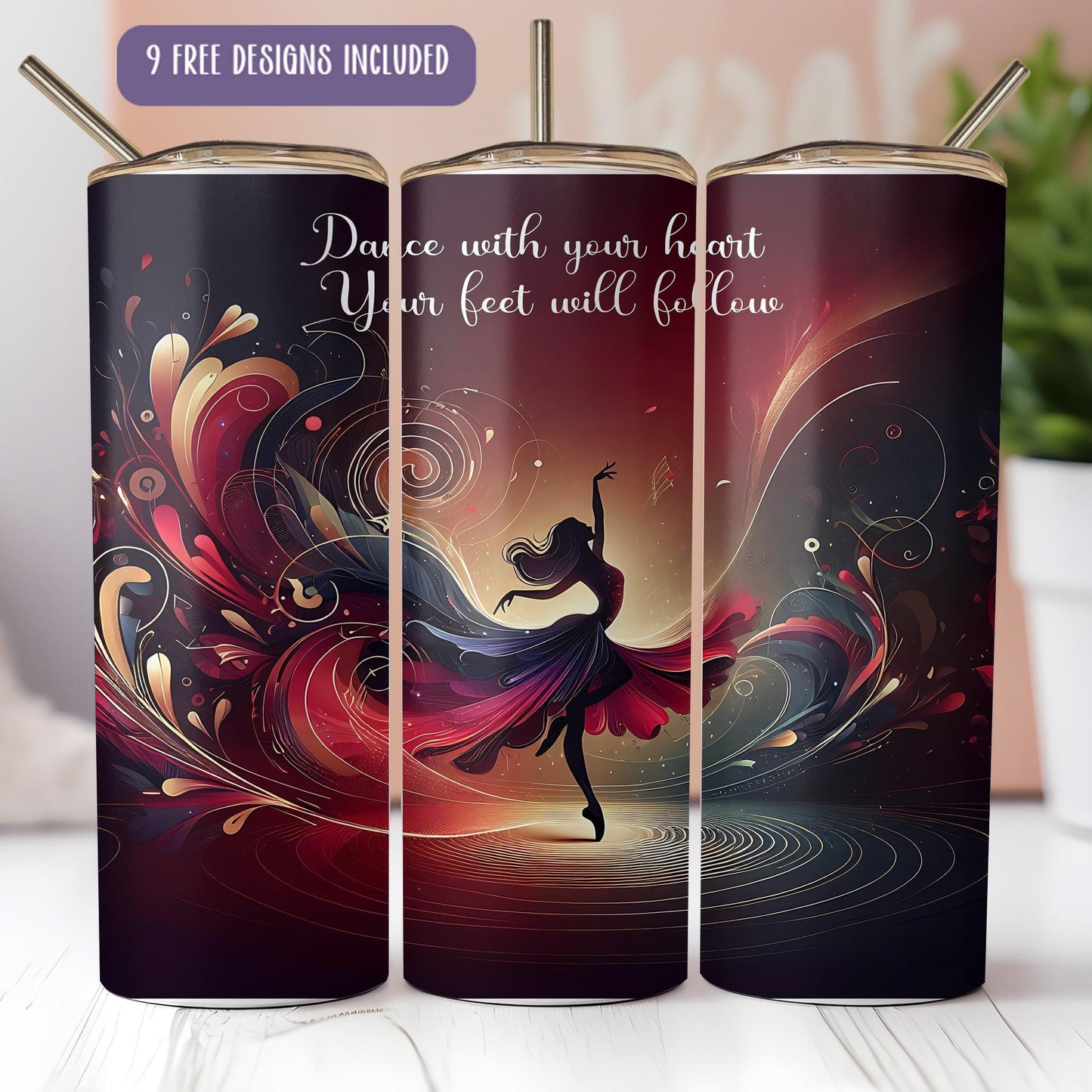 a set of three travel mugs with a picture of a ballerina