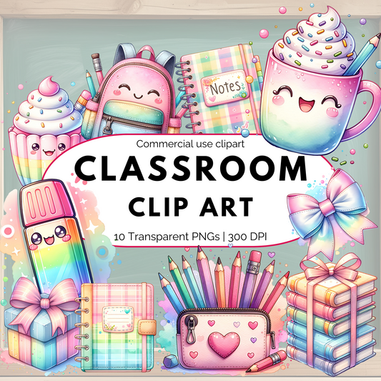 Composition Classroom Clipart PNG – Preppy Pastel Teacher Doodles & School Book Graphics
