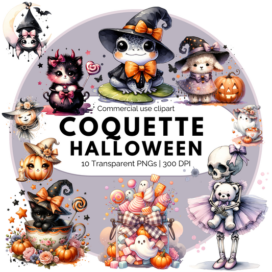 Coquette Halloween Clipart PNG – Cute Ghost and Pumpkin Sublimation Elements
