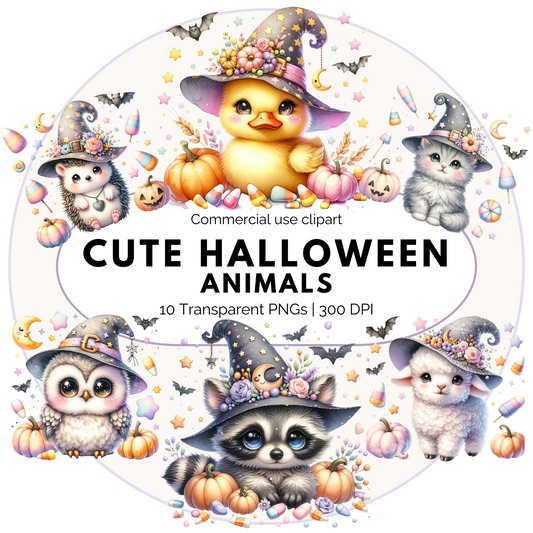 Watercolor Halloween Animals Clipart PNG Bundle | Baby Highland Cow & Pumpkins