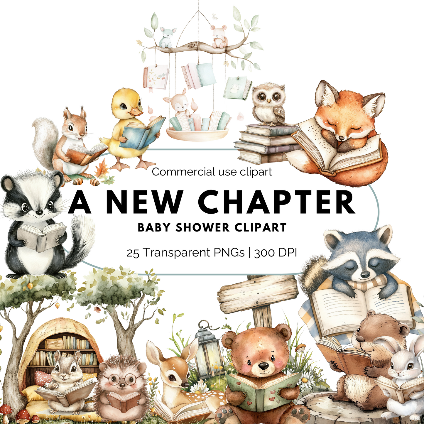 A New Chapter Baby Shower Clipart PNG | Watercolor Book Theme